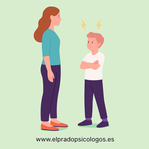 Ilustración de un niño con los brazos cruzados frente a su madre serena.