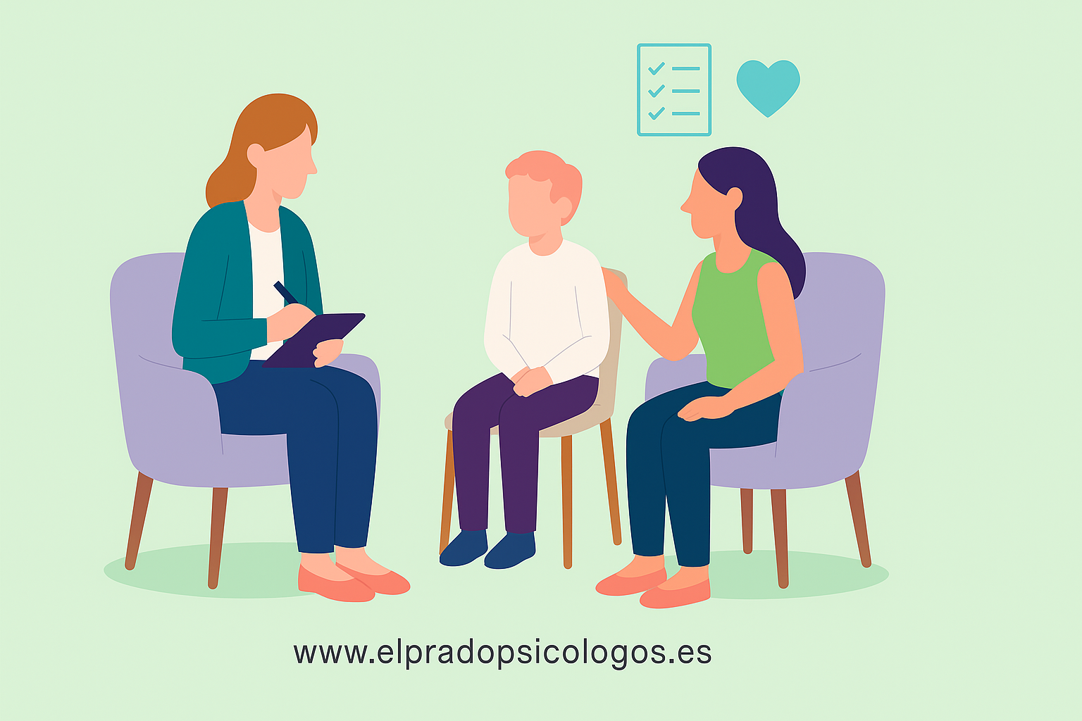 Psicóloga con madre e hijo en sesión de terapia, establecimiento de pautas y acuerdos para tratar el trastorno negativista desafiante