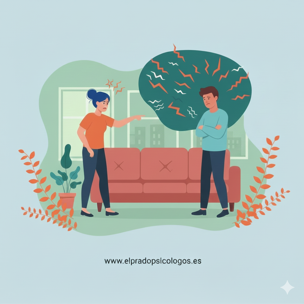 Ilustraci&oacute;n de una pareja en el sal&oacute;n, &eacute;l la mira con gesto fr&iacute;o mientras ella le mira triste, escena de desprecio en la pareja