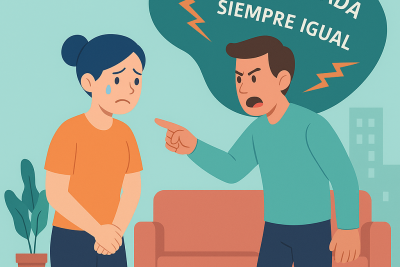 Ilustración de un hombre gritando y señalando a su pareja mientras la humilla con frases como no vales nada, escena de desprecio en la pareja