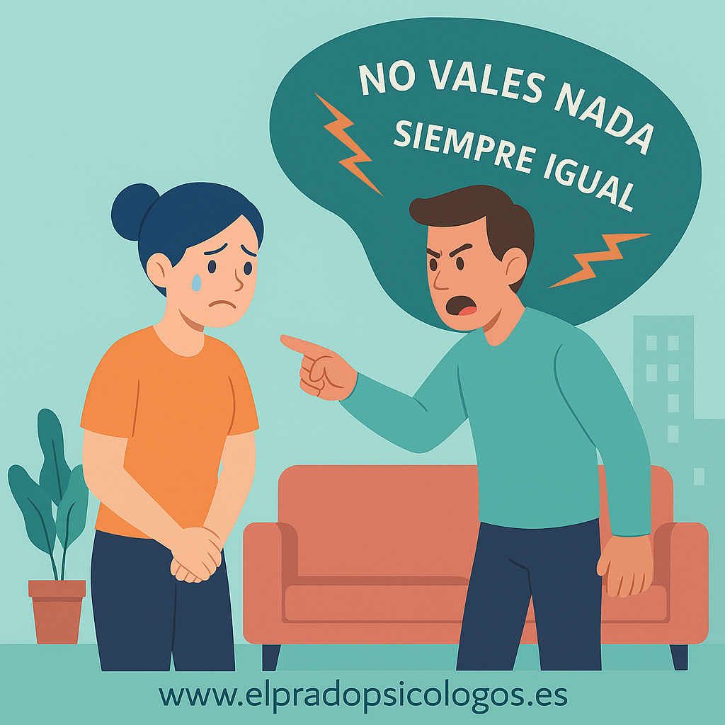 Ilustración de un hombre gritando y señalando a su pareja mientras la humilla con frases como no vales nada, escena de desprecio en la pareja