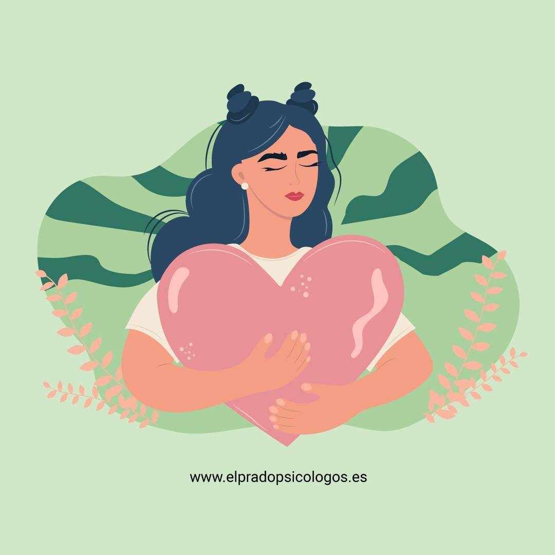 Ilustración de una mujer abrazando un corazón que simboliza el autocuidado y la sensibilidad emocional en personas altamente sensibles PAS