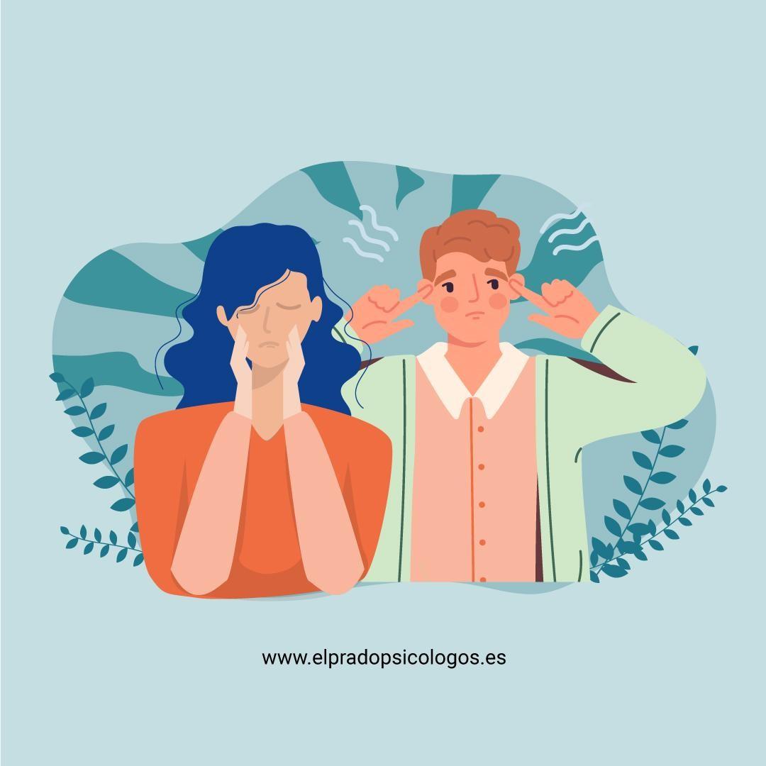 "Personas altamente sensibles y sobrecarga de estímulos" "Ilustración de una mujer agobiada y un hombre tapándose los oídos que representa la sobreestimulación sensorial en personas altamente sensibles PAS"